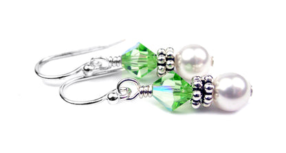 Sterling Peridot Earrings, August Birthstone Earrings, Freshwater Pearl Beaded Earrings, Green Crystal Jewelry