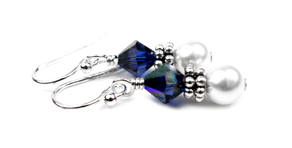 Sterling Sapphire Earrings, September Birthstone Earrings, Freshwater Pearl Beaded Earrings, Blue Crystal Jewelry