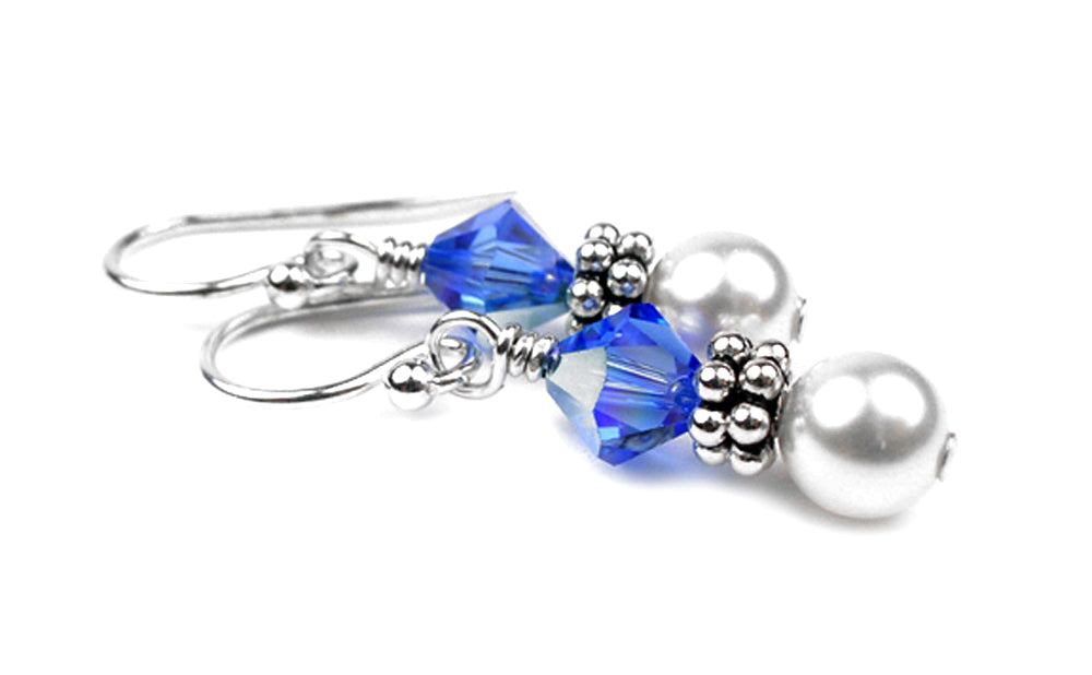 Sterling Sapphire Earrings, September Birthstone Earrings, Freshwater Pearl Beaded Earrings, Blue Crystal Jewelry