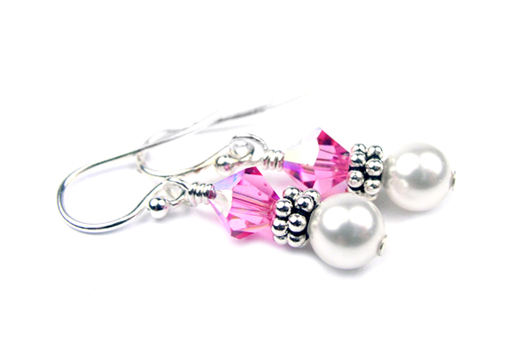 Sterling Tourmaline Earrings, October Birthstone Earrings, Freshwater Pearl Beaded Earrings, Pink Crystal Jewelry