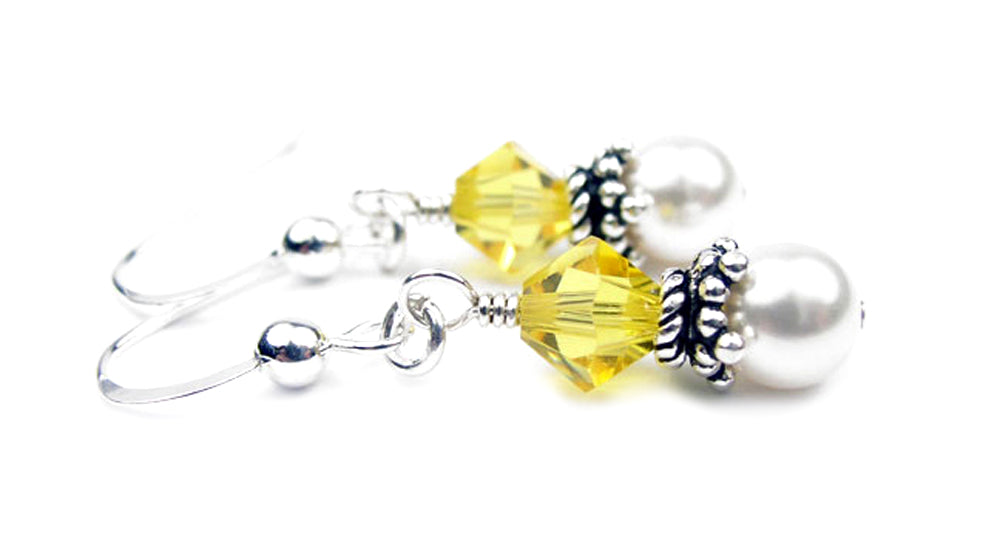 Sterling Citrine Earrings, November Birthstone Earrings, Freshwater Pearl Beaded Earrings, Yellow Crystal Jewelry