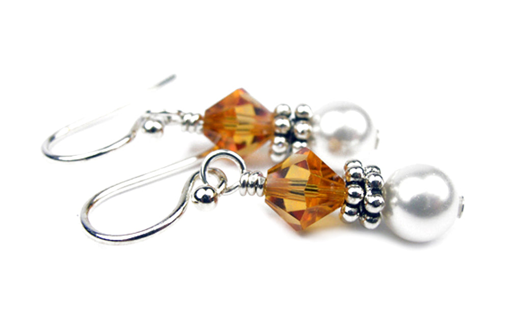Sterling Topaz Earrings, November Birthstone Earrings, Freshwater Pearl Beaded Earrings, Yellow Crystal Jewelry