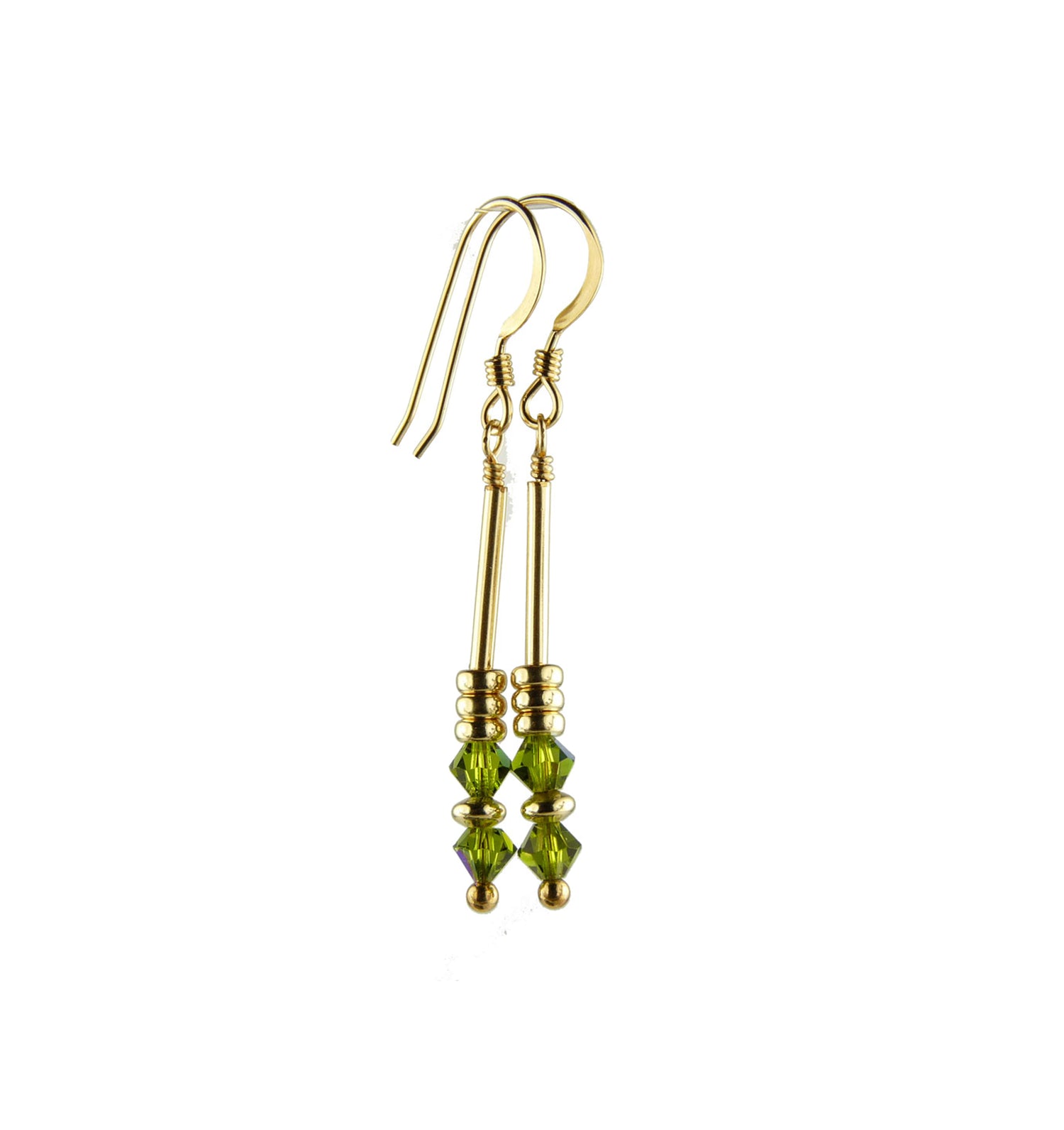 Olivine Crystal Earrings,  (Dark Peridot) August Birthstone Earrings, Green Minimalist 14K GF Dangle Earrings, Crystal Jewelry Elements