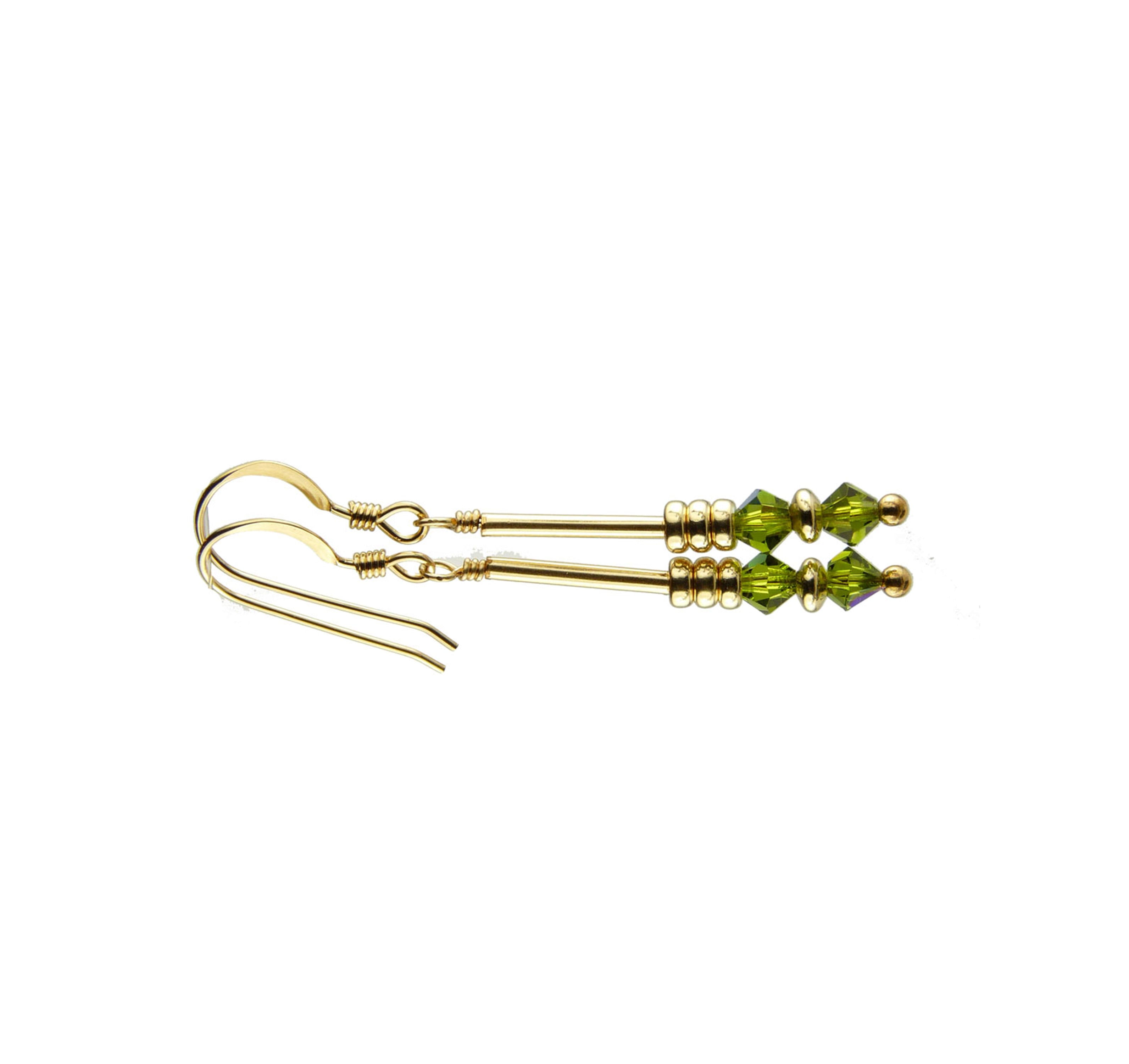 Olivine Crystal Earrings,  (Dark Peridot) August Birthstone Earrings, Green Minimalist 14K GF Dangle Earrings, Crystal Jewelry Elements