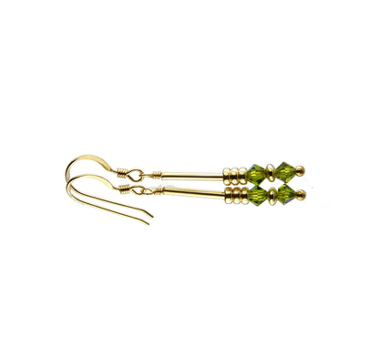 Olivine Crystal Earrings,  (Dark Peridot) August Birthstone Earrings, Green Minimalist 14K GF Dangle Earrings, Crystal Jewelry Elements