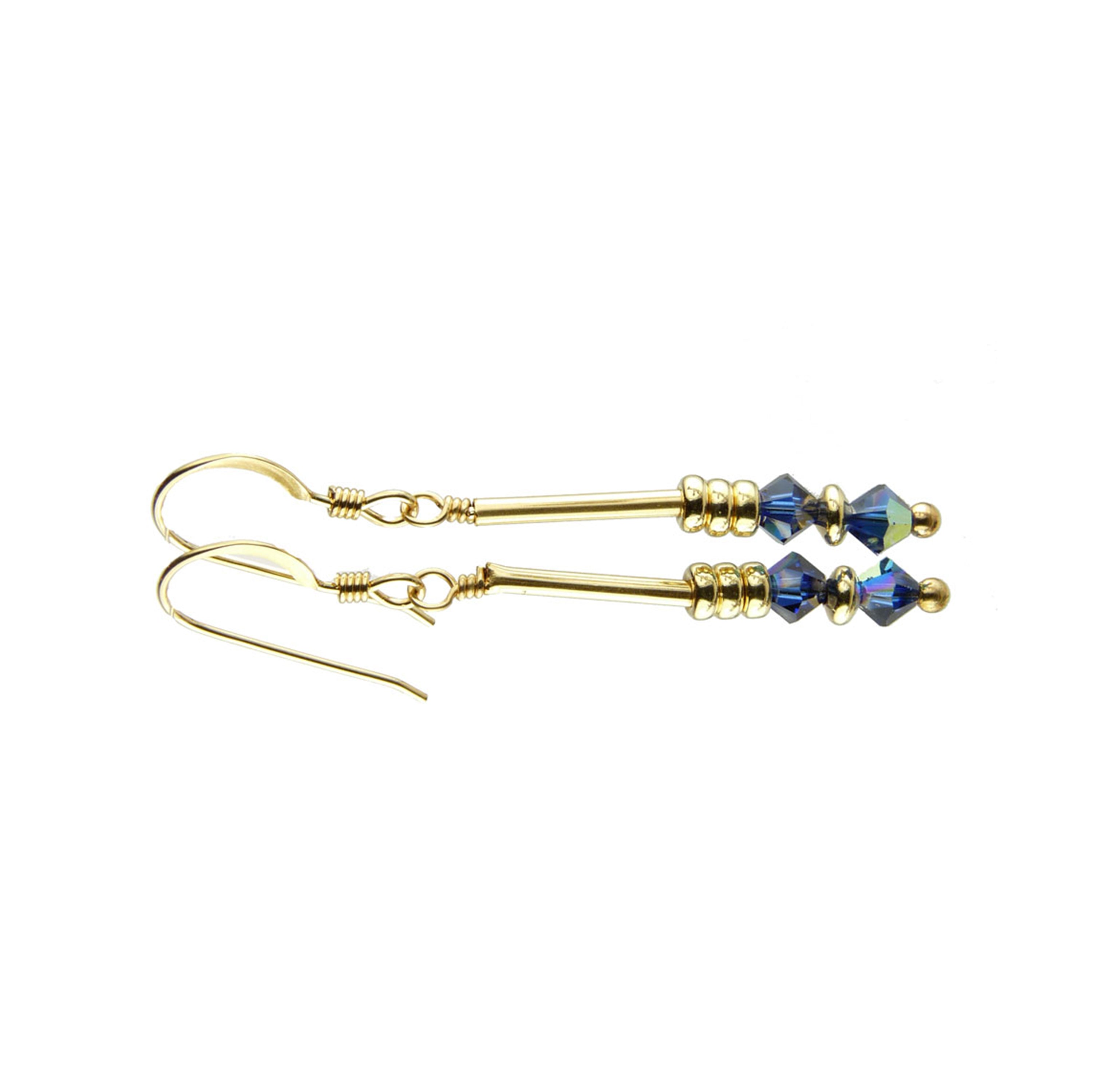 Dark Sapphire Earrings, September Birthstone Earrings, Dark Blue Minimalist 14K GF Dangle Earrings, Crystal Jewelry Elements