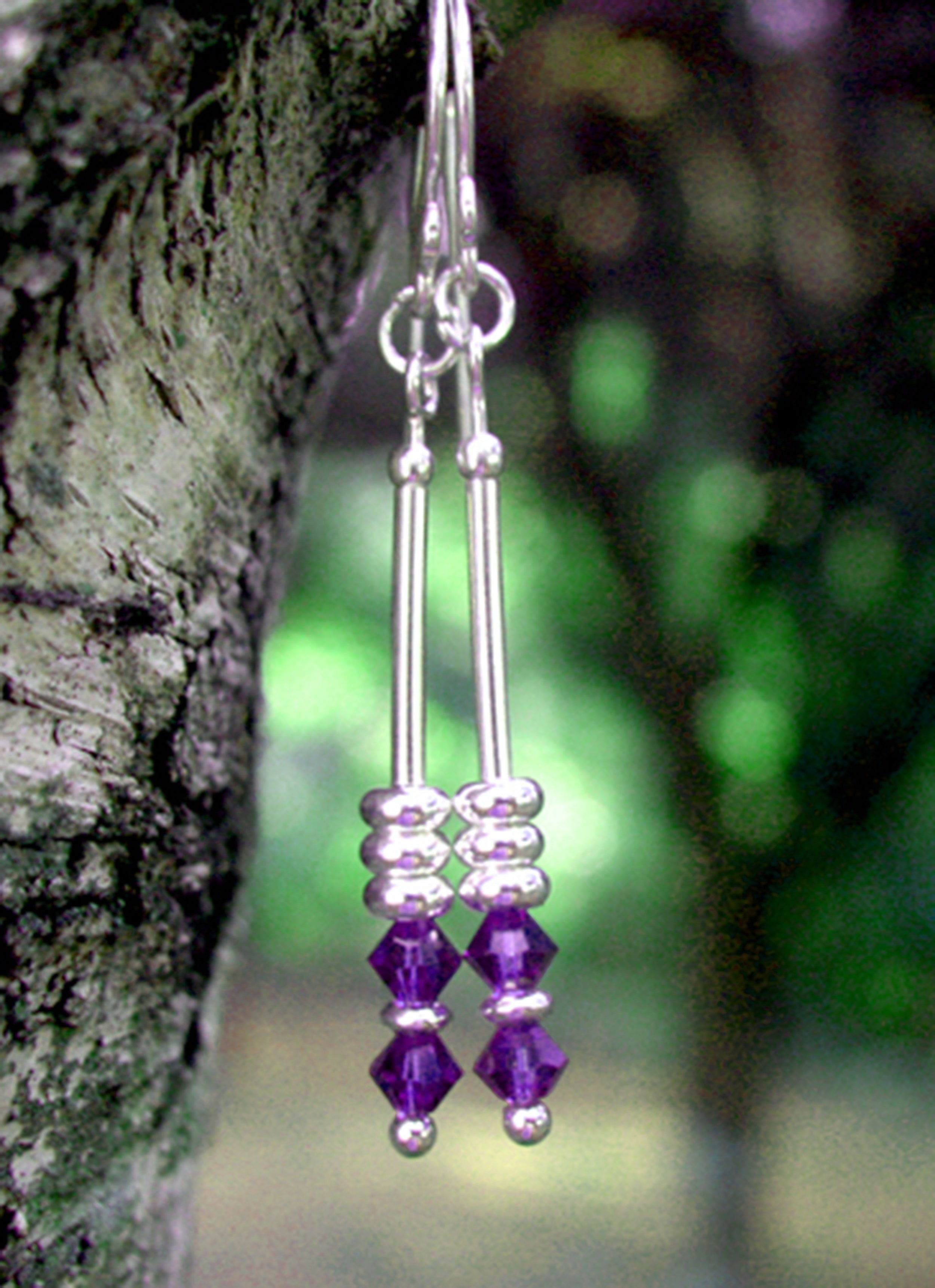 Silver Long Dangle Earrings February Amethyst Crystals