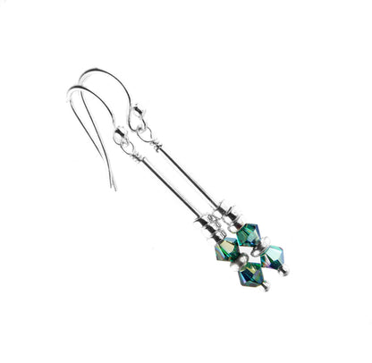 Silver Long Dangle Earrings May Emerald Crystals