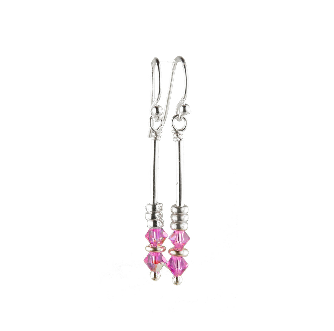 Silver Long Dangle Earrings October Rose (Pink Tourmaline) Crystals