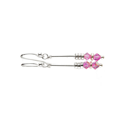 Silver Long Dangle Earrings October Rose (Pink Tourmaline) Crystals
