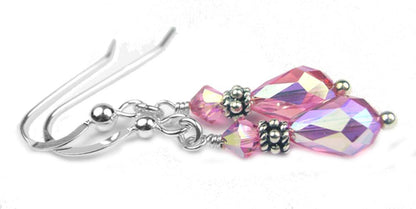 Silver Dangle Earrings October Birthstone Rose (Pink Tourmaline) CrystaL Jewelry