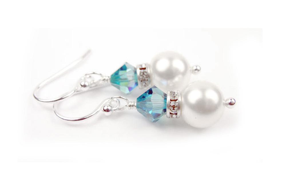 Emerald Earrings, 8MM Akoya Pearl Earrings, May Birthstone Earrings, Sterling Silver w/ Genuine Crystal Jewelry