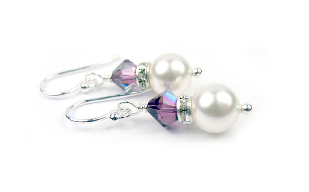 Alexandrite Earrings, 8MM Akoya Pearl Earrings, June Birthstone Earrings, Sterling Silver w/ Genuine Crystal Jewelry