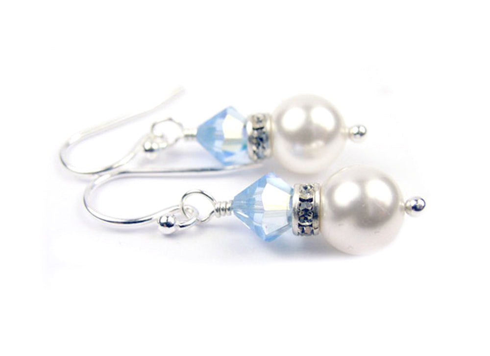 Aquamarine Earrings, 8MM Akoya Pearl Earrings, March Birthstone Earrings, Sterling Silver w/ Genuine Crystal Jewelry