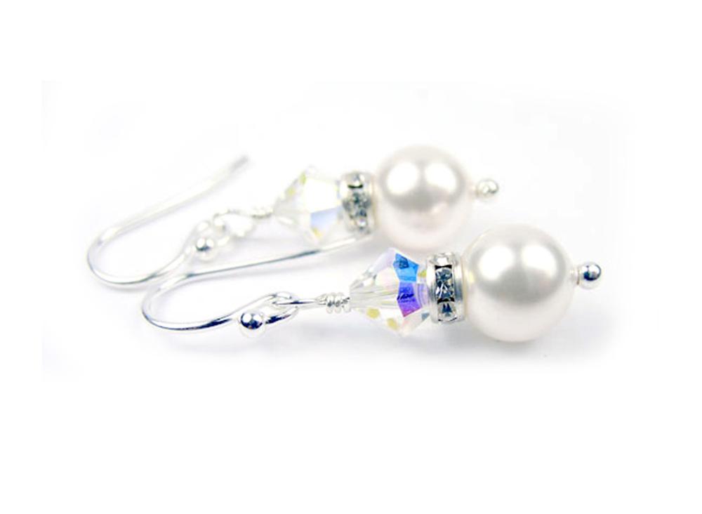 Crystal Earrings, 8MM Akoya Pearl Earrings, April Birthstone Earrings, Sterling Silver w/ Genuine Crystal Jewelry