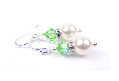 Peridot Earrings, 8MM Akoya Pearl Earrings, August Birthstone Earrings, Sterling Silver w/ Genuine Crystal Jewelry