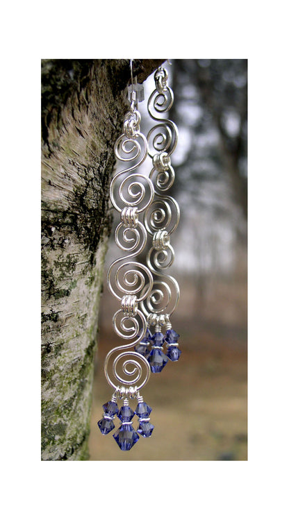 Silver Shoulder Duster Earrings | Triple Spiral Tanzanite Purple Crystal Chandelier Earrings