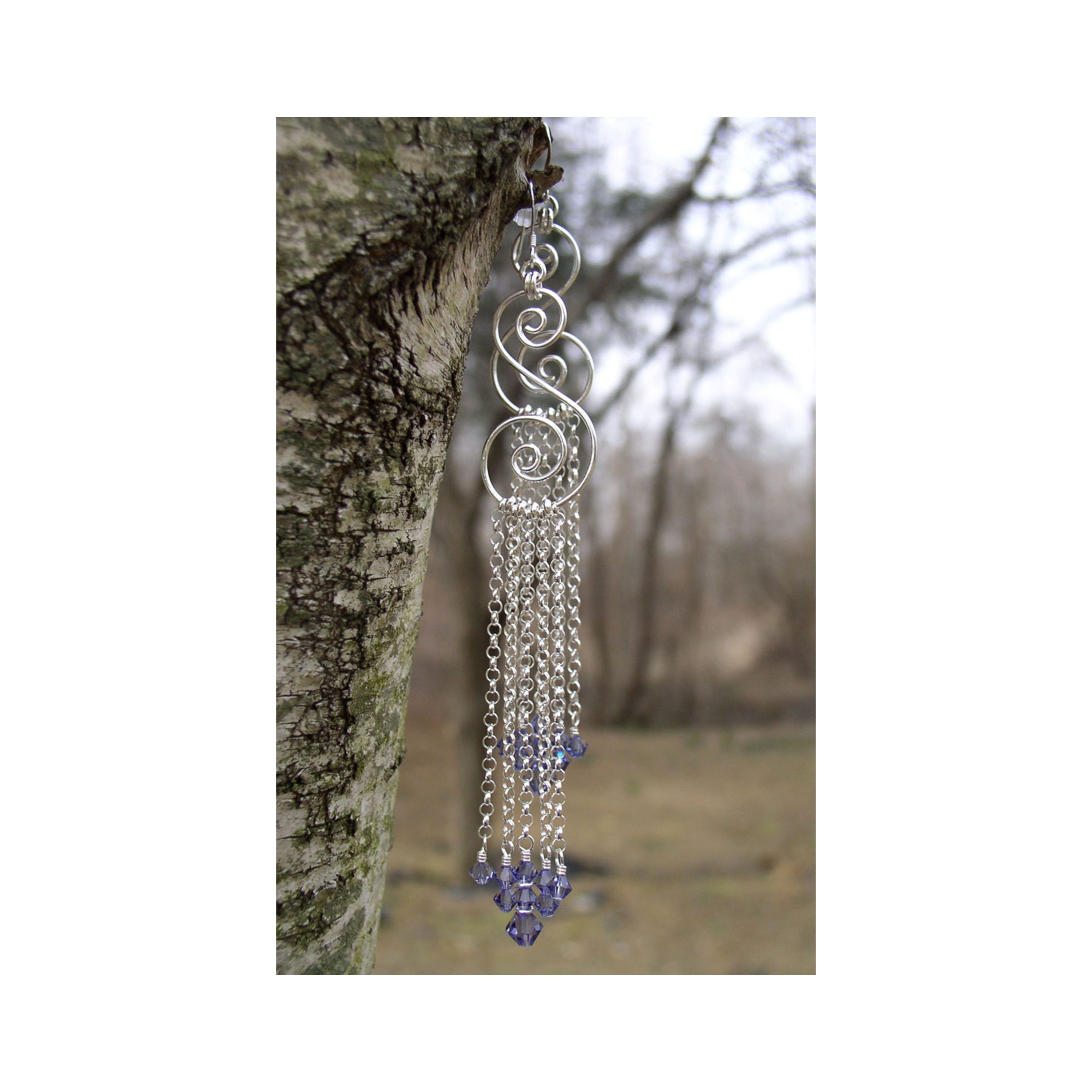 Silver Shoulder Duster Earrings | Spiral Chain Tanzanite Purple Crystal Chandelier Earrings