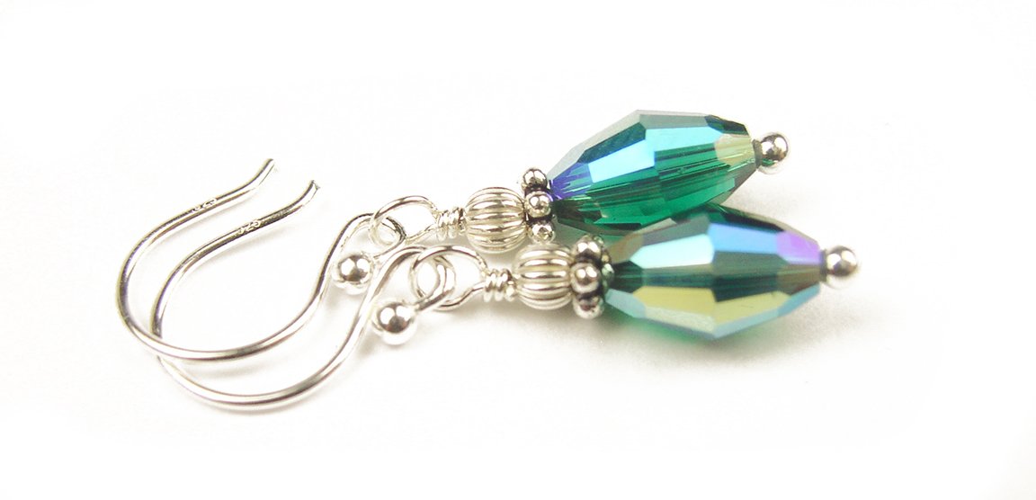 Emerald Earrings, May Birthstone Earrings, Handmade Silver Green Crystal Jewelry Earrings, Tear Drop Earrings