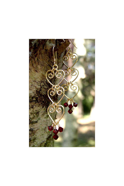 Gold Filled Red Garnet Crystal Jewelry Chandelier Earrings &quot;String of Hearts&quot;