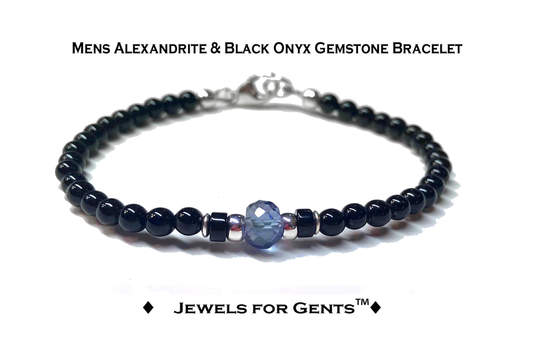 Alexandrite  Birthstone Bracelets for Men, June &amp; Zodiac Gemstones, 4MM Beaded Father &amp; Son Black Onyx Bracelets