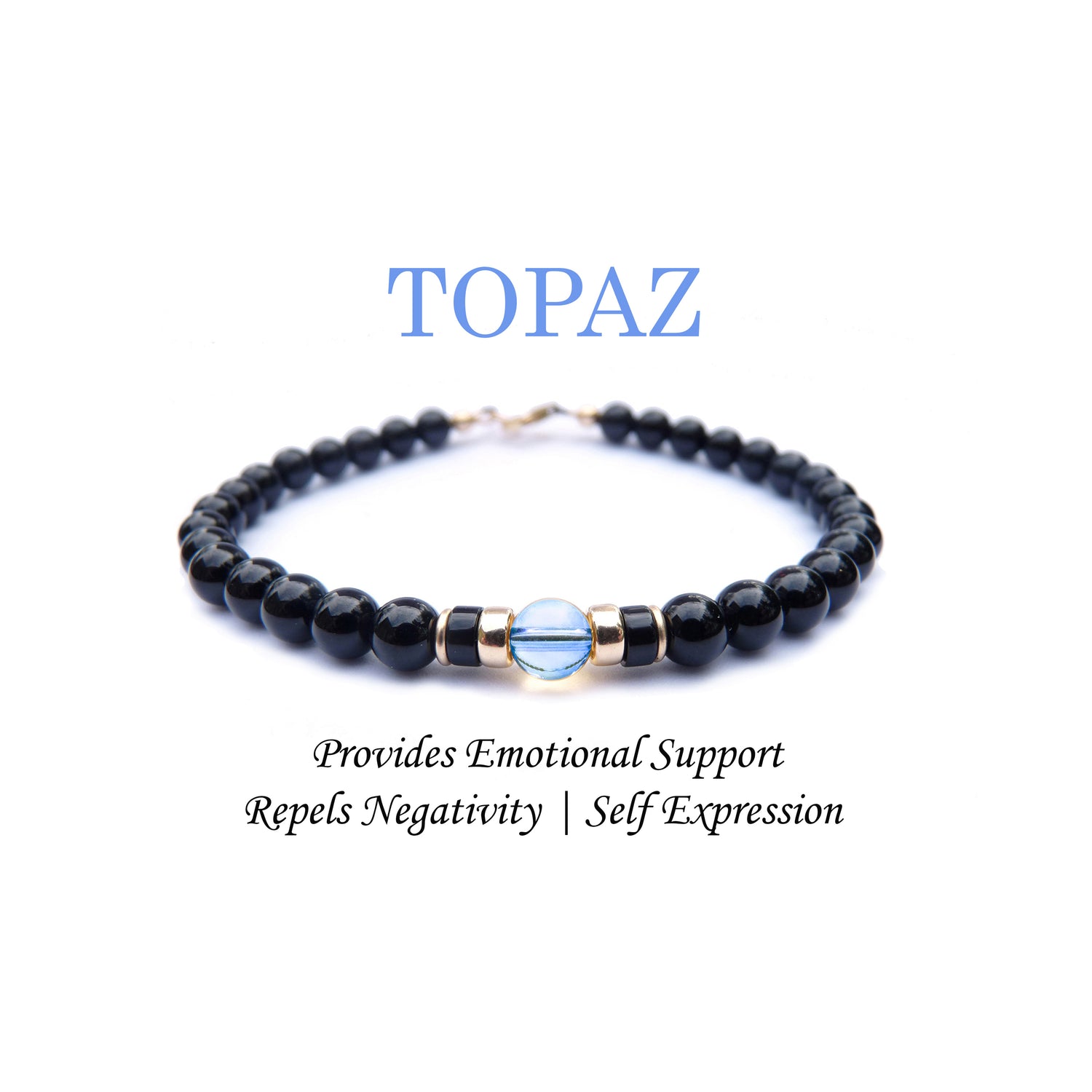 Topaz Mens Birthstone Bracelet, November Birthstone Jewelry, Scorpio Gemstone Beaded Black Onyx Birthday Gift