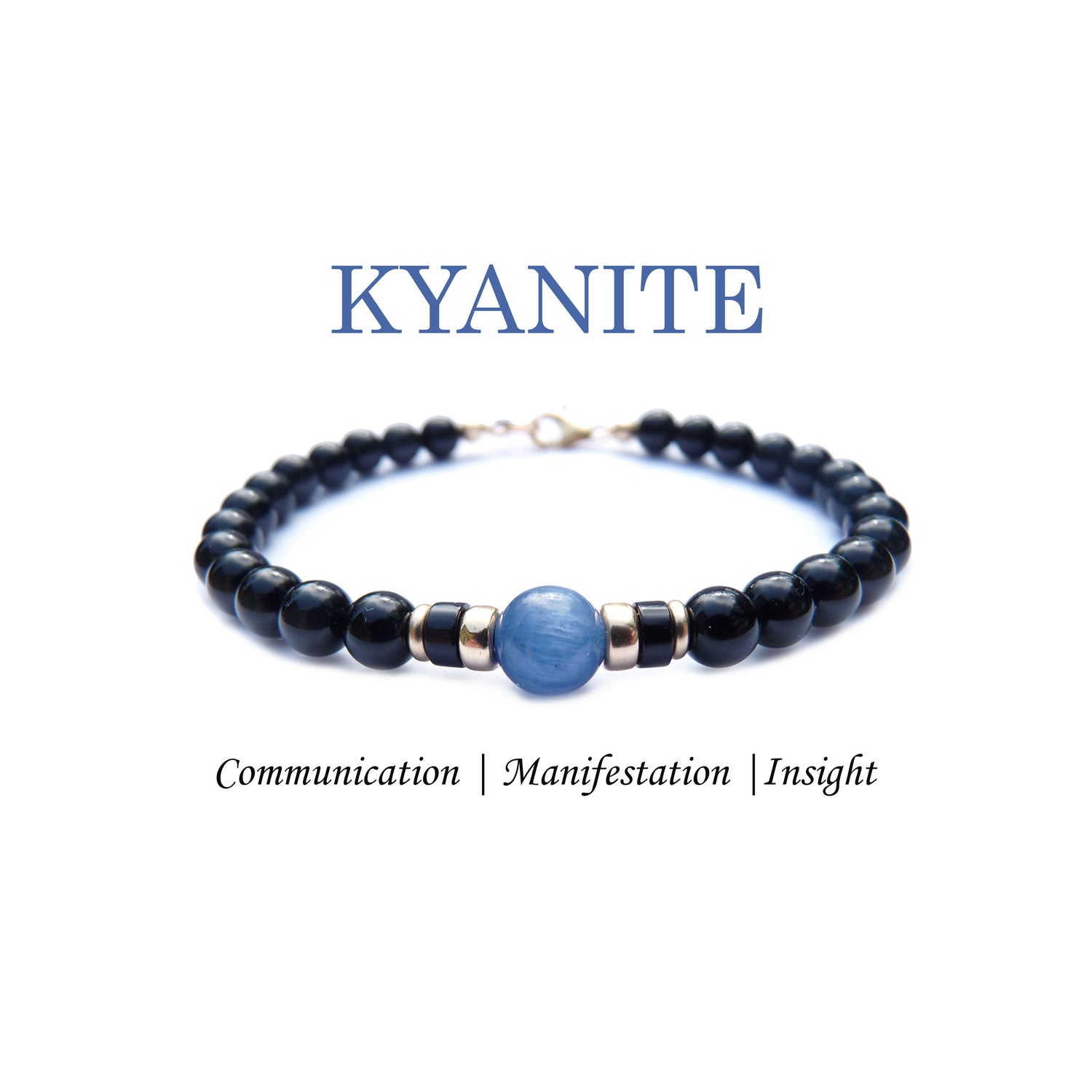 Kyanite Bracelet, Astrological Signs: Pisces, Aries, Taurus, Libra Birthstone Jewelry, Zodiac Bracelet, Mens Custom Personalized Gemstone Beaded Black Onyx Birthday Gift