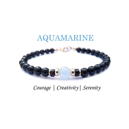 Blue Aquamarine Mens Birthstone Bracelet, March Pisces &amp; Aries Zodiac Gemstones, Mens 6MM Beaded Black Onyx Birthday Gift