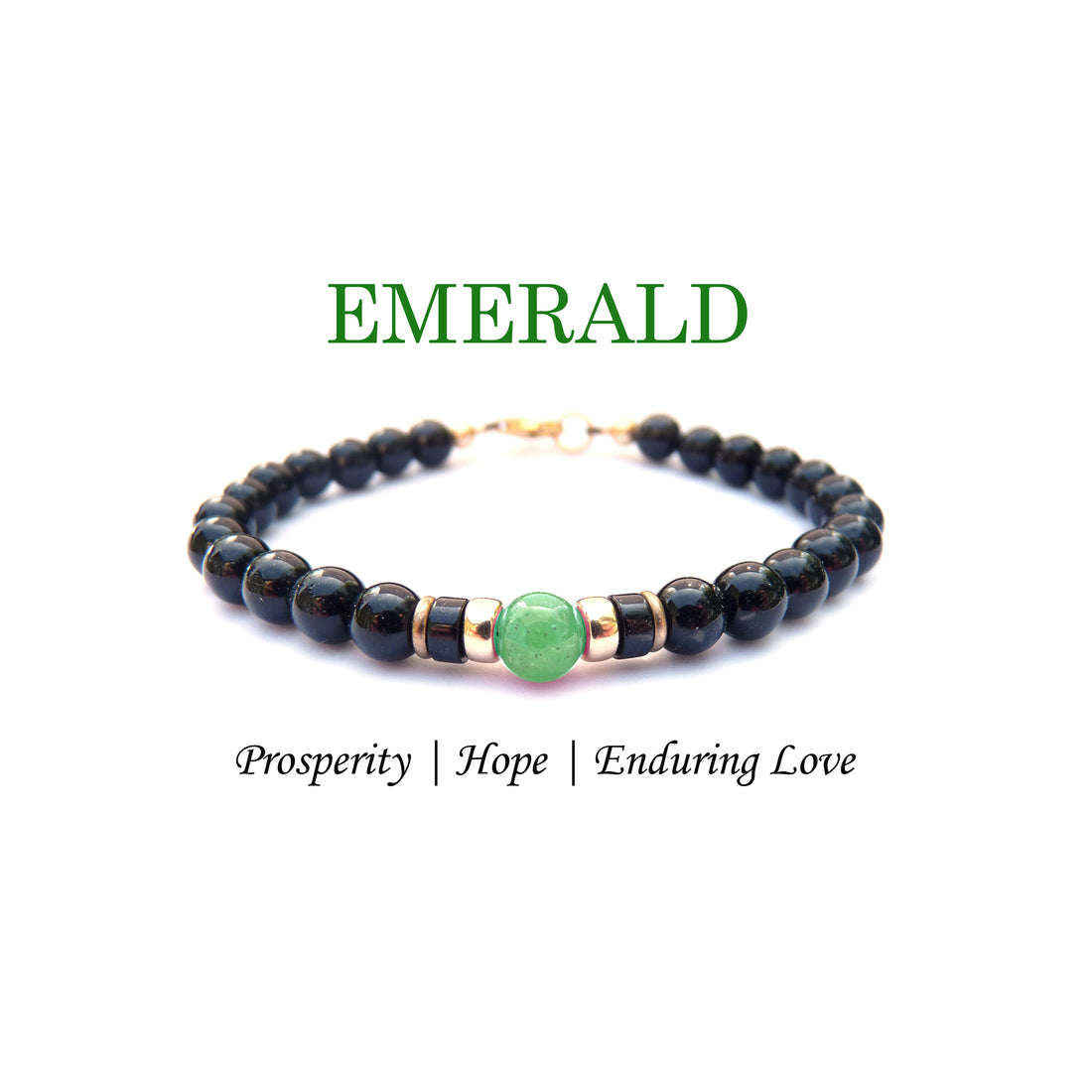 Green Emerald Mens Birthstone Bracelet, May Birthstone Jewelry, Taurus Bracelet, 6MM Gemstone Beaded Black Onyx Birthday Gift