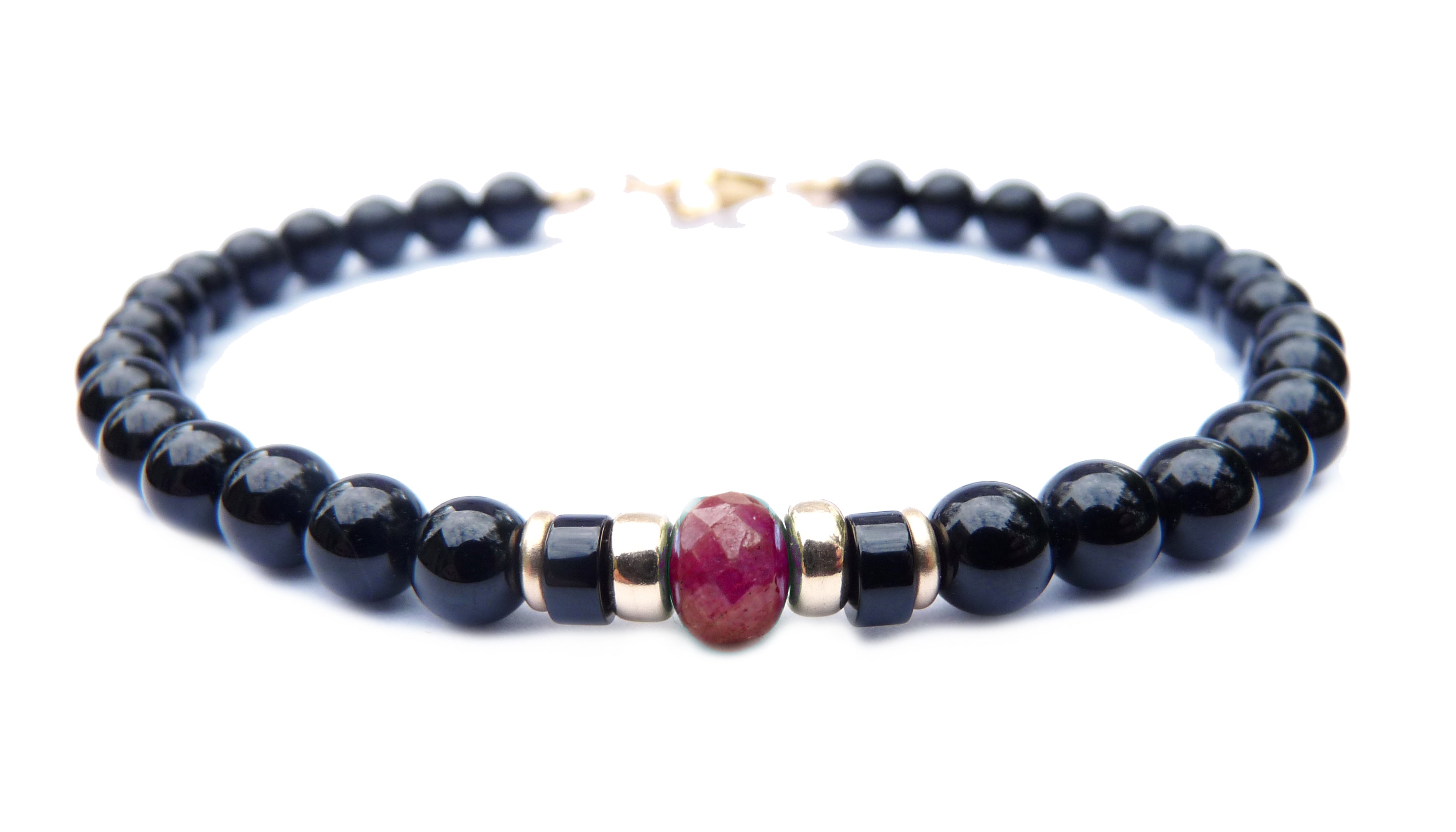 Faceted Red Ruby Mens Birthstone Bracelet, July Birthstone Jewelry, Cancer Zodiac Bracelet, 6MM Gemstone Beaded Black Onyx Birthday Gift