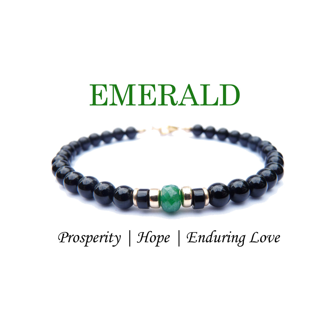 Faceted Emerald Mens Birthstone Bracelet, May Birthstone Jewelry, Taurus Bracelet, Mens Gemstone Beaded Black Onyx Birthday Gift