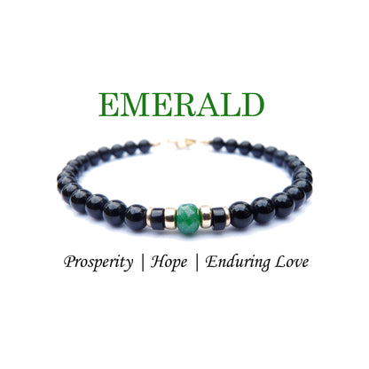 Faceted Emerald Mens Birthstone Bracelet, May Birthstone Jewelry, Taurus Bracelet, Mens Gemstone Beaded Black Onyx Birthday Gift