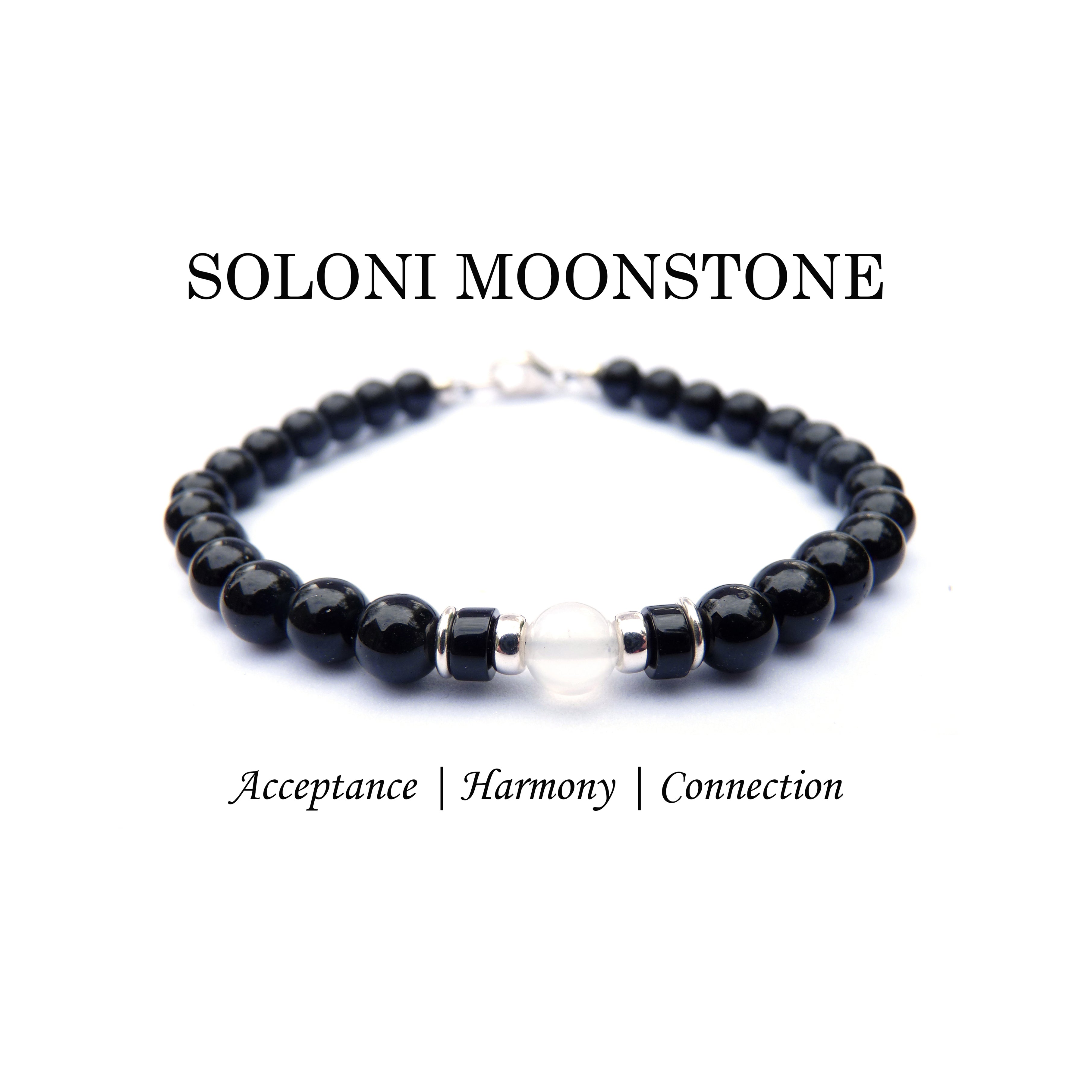 Moonstone Mens Birthstone Bracelet, June Birthstone Jewelry, Gemini Zodiac Gemstone Beaded Black Onyx Birthday Gift
