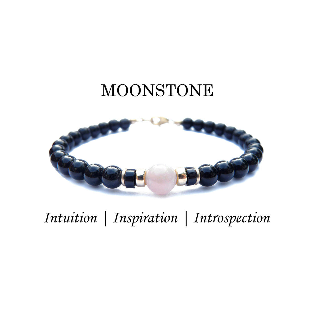 Pink Moonstone Mens Birthstone Bracelet, June Birthstone Jewelry, Gemini Zodiac Gemstone Beaded Black Onyx Birthday Gift
