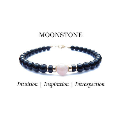 Pink Moonstone Mens Birthstone Bracelet, June Birthstone Jewelry, Gemini Zodiac Gemstone Beaded Black Onyx Birthday Gift