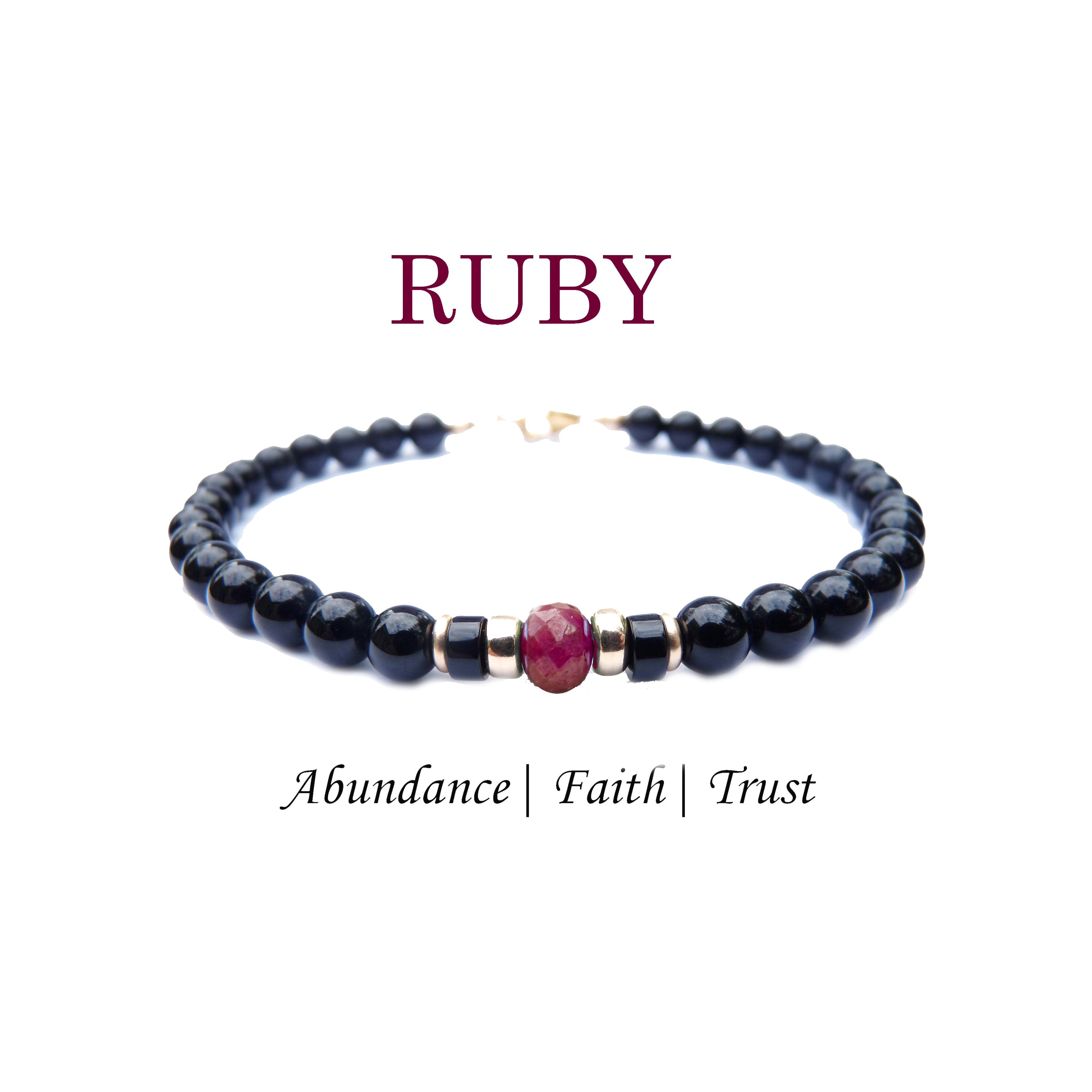 Faceted Red Ruby Mens Birthstone Bracelet, July Birthstone Jewelry, Cancer Zodiac Bracelet, Mens Gemstone Beaded Black Onyx Birthday Gift
