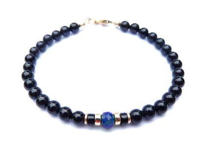Faceted Sapphire Mens Birthstone Bracelet, September Virgo Zodiac Black Onyx Beaded Bracelet