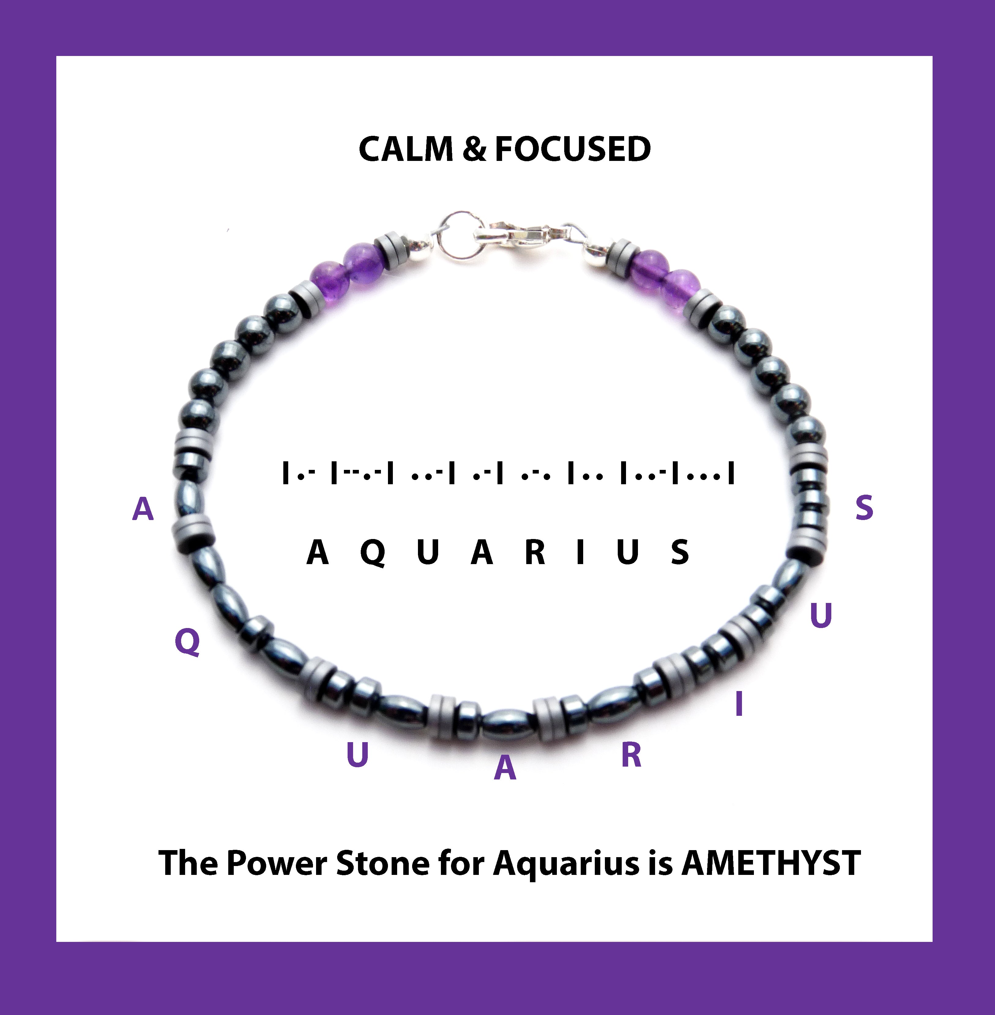 AQUARIUS - FOCUS: Morse Code Bracelets with Real Gemstones, Amethyst, Hematite