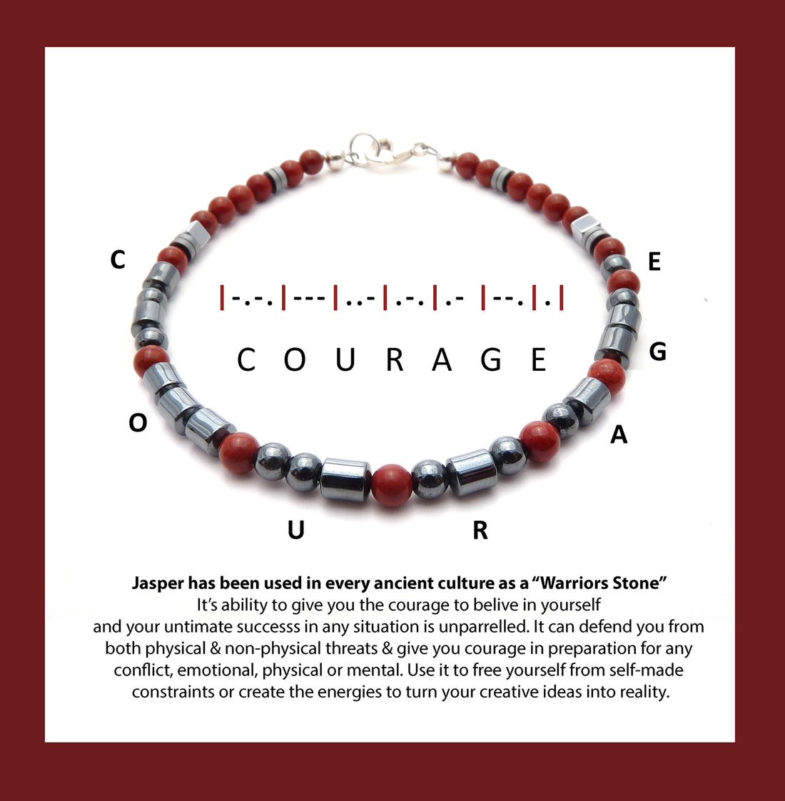 COURAGE: Morse Code Bracelets, Real Gemstones, Red Jasper, Hematite