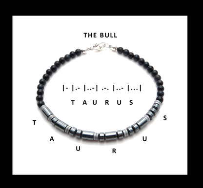 TAURUS - THE BULL : Morse Code Bracelets, Real Gemstones, Hematite and Black Onyx