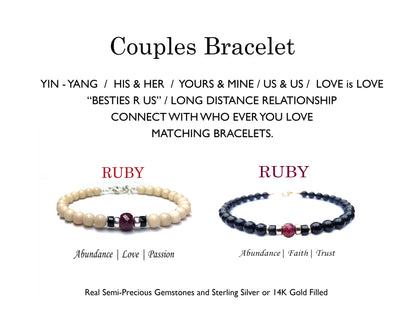 Ruby Mens Birthstone Bracelets, July Cancer Zodiac Gemstones, 4MM Handmade Everyday Black Beaded Bracelets