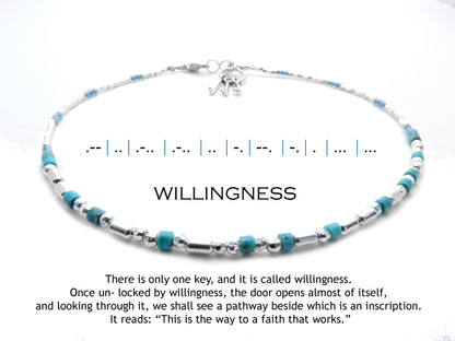 Morse Code Anklet in Silver, The Key is Willingness, Custom Words Accepted, Secret Message