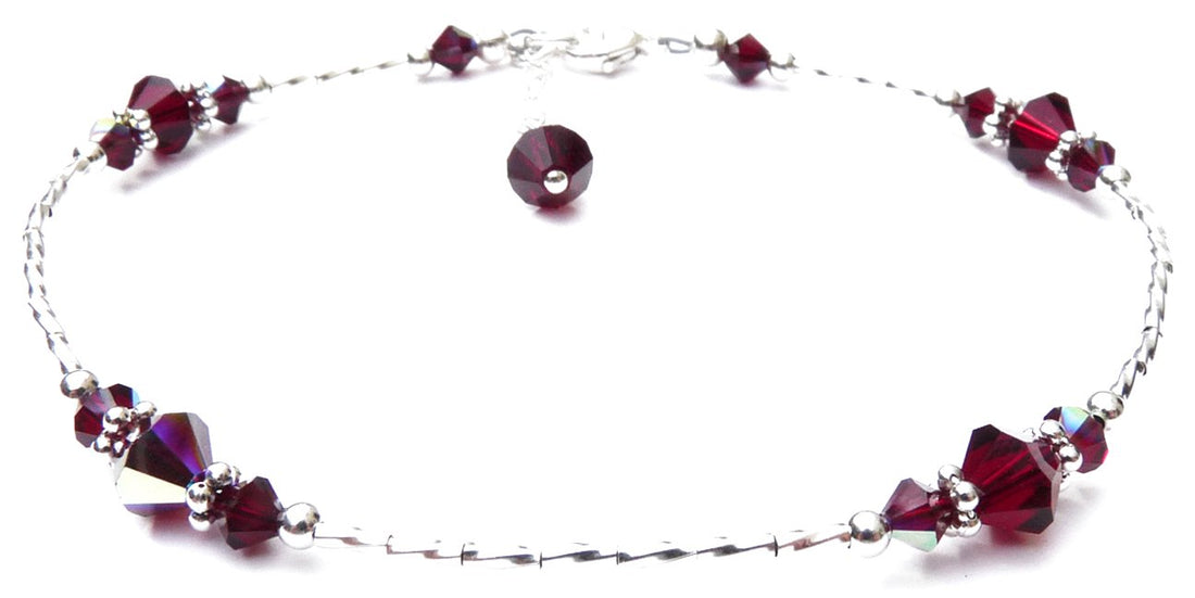 Garnet Ankle Bracelet, Crystal Beaded Anklets for Women, Red Garnet Jewelry, January Birthstone, Capricorn Birthday Gifts for Her in Gold &amp; Sterling Silver