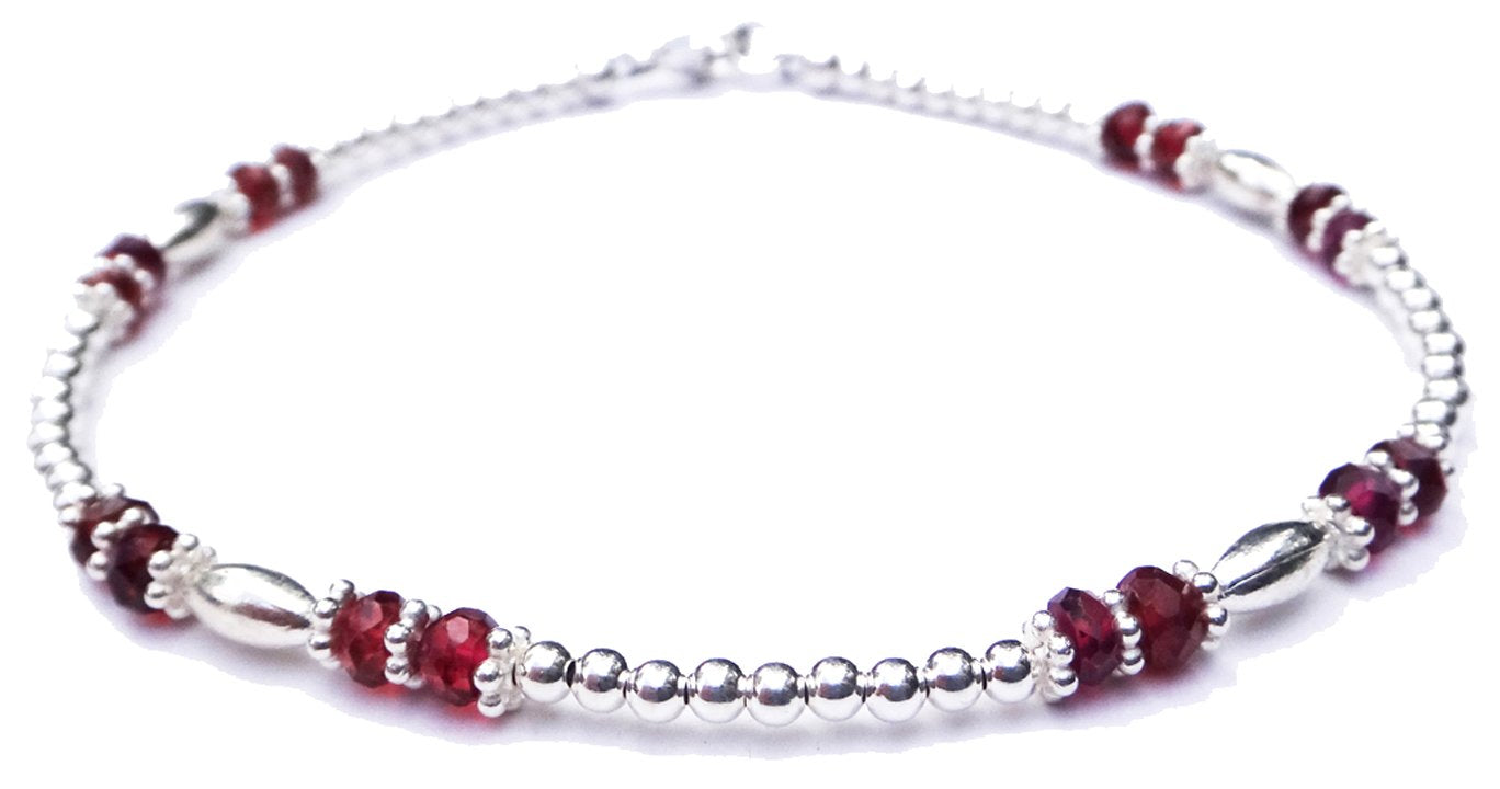 Garnet Ankle Bracelet, Gemstone Beaded Anklets for Women, Red Garnet Jewelry, January Birthstone, Capricorn Birthday Gifts for Her in Gold &amp; Sterling Silver
