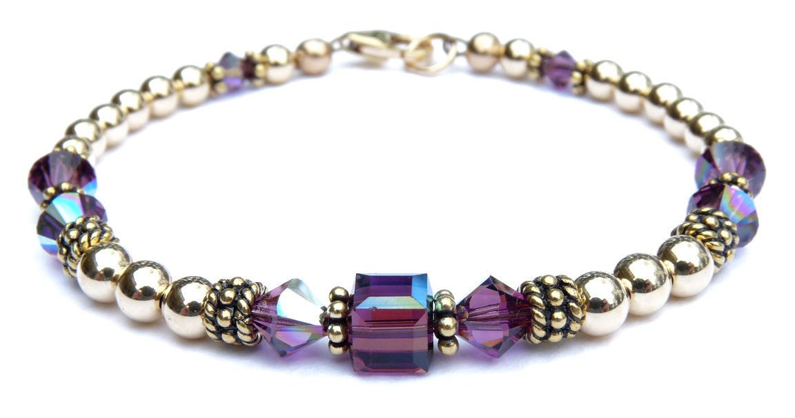 14K GF Amethyst Bracelets, February Birthstone Bracelets, Purple Beaded Bracelets, Crystal Jewelry
