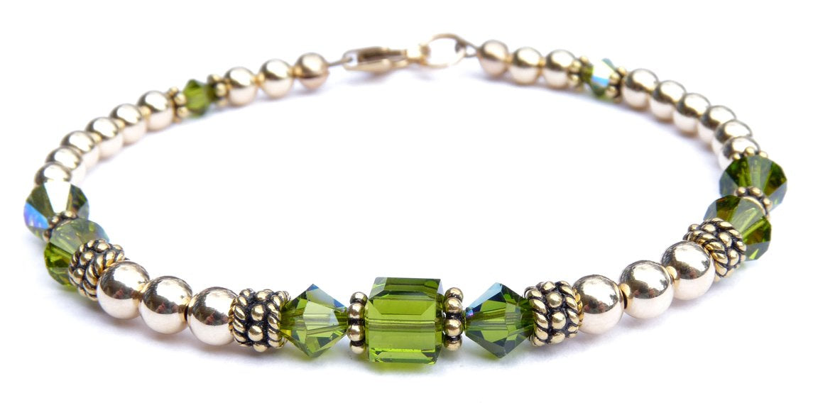 14K GF Peridot Bracelets, August Birthstone Bracelets, Green Beaded Bracelets, Crystal Jewelry