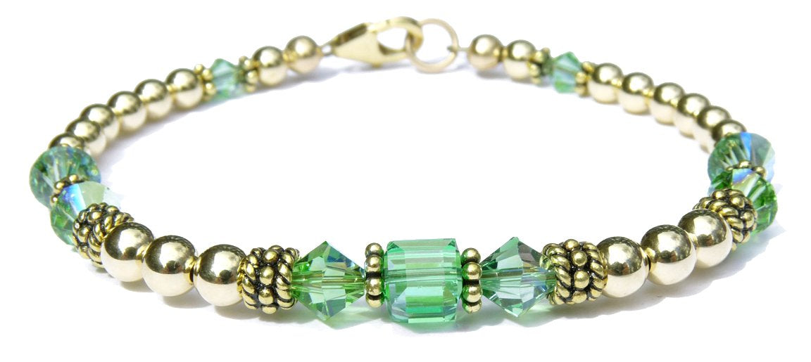14K GF Peridot Bracelets, August Birthstone Bracelets, Green Beaded Bracelets, Crystal Jewelry