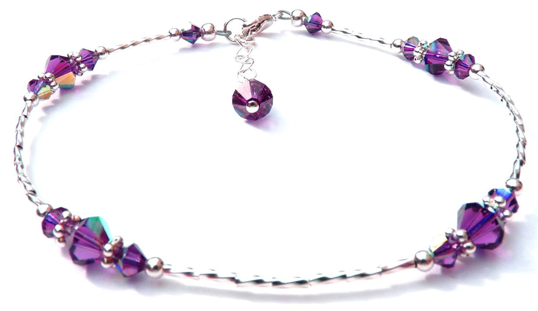 Amethyst February Silver Handmade Birthstone Crystal Beaded Ankle Bracelet Birthday Gift for Her