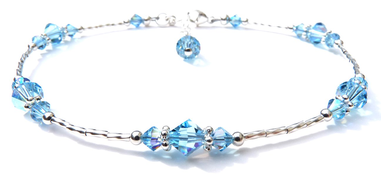 Aquamarine March Birthstone Anklet Silver Handmade Crystal Beaded Ankle Bracelet Birthday Gift for Her