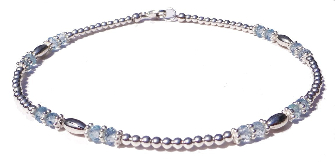 Blue Aquamarine Anklet, March Silver Handmade Birthstone Crystal Beaded Ankle Bracelet Birthday Gift for Her